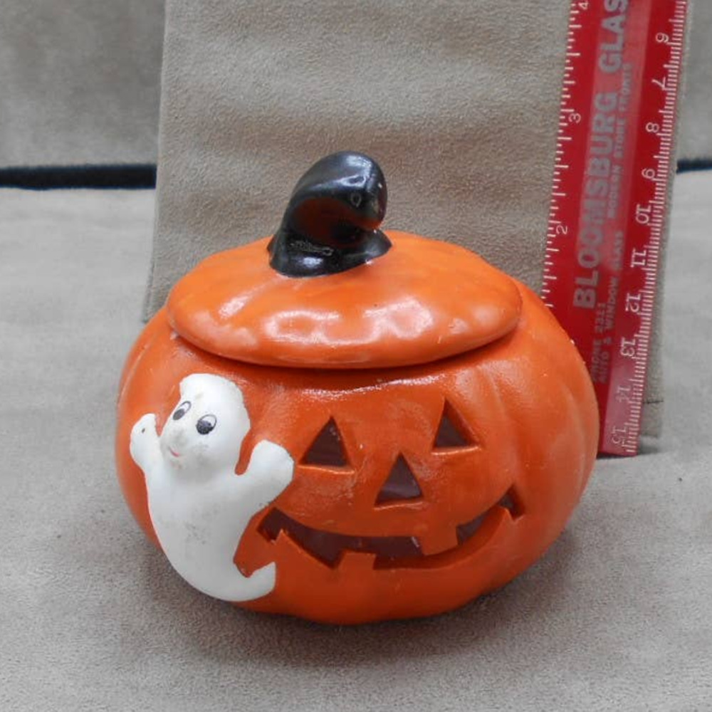 Jack-O'Lantern Lidded Candle Holder w/Ghost Hand Painted Vintage